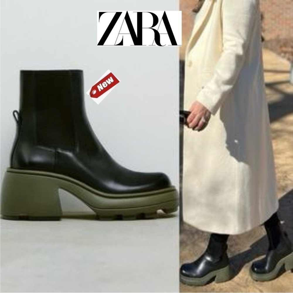 Zara black olive green khaki lug sole chunky ankle leather boots Sz 39 NWT